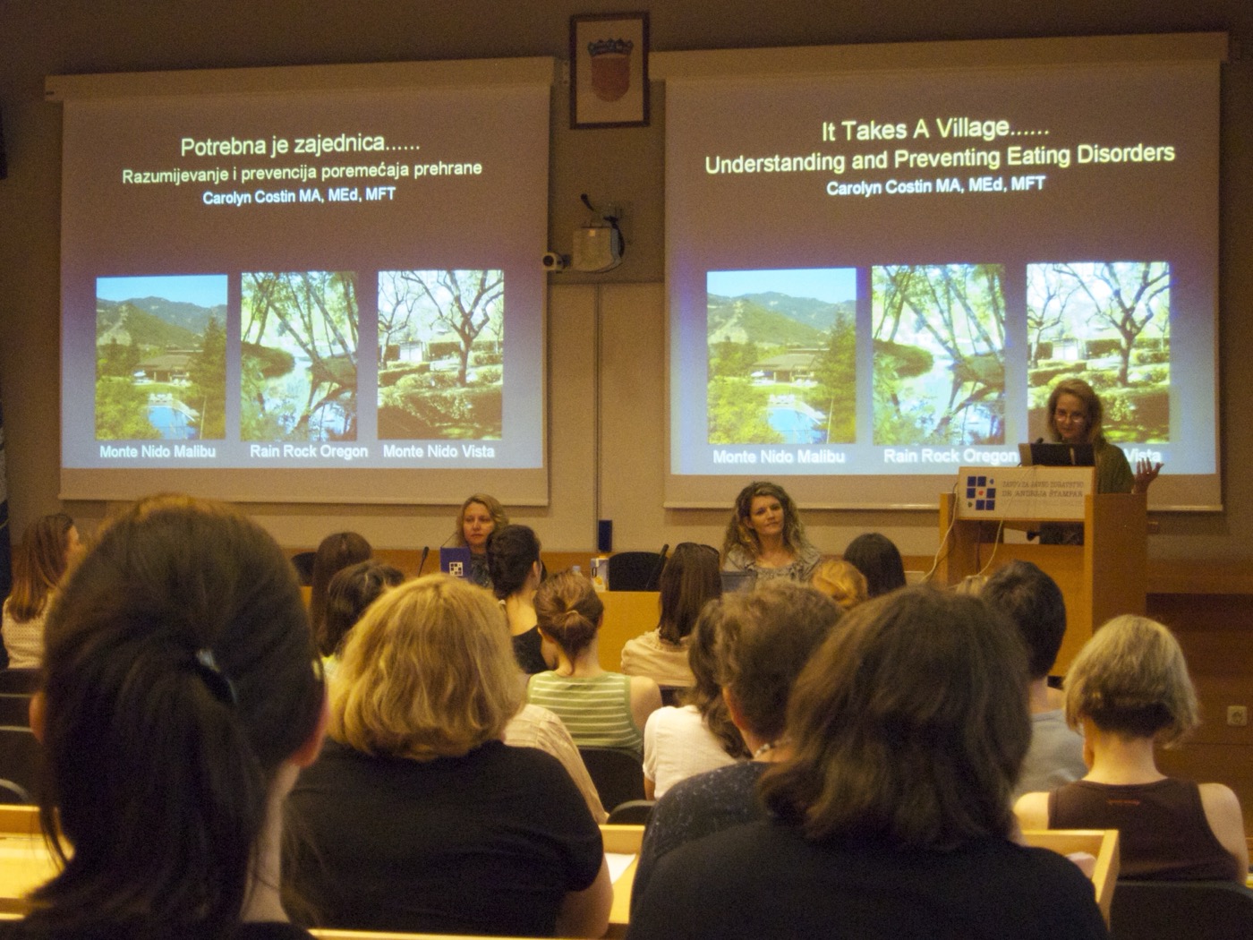 Carolyn Costin presenting 'It Takes A Village — Understanding and Preventing Eating Disorders' to an audience in Zagreb, Croatia.